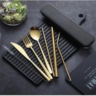 9PC Premium Cutlery Portable Travel Set Stainless Steel Knife Fork Spoon Straws (Gold)
