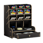 Multi-function Wooden Pen Holder Desktop Organizer Storage Box with Drawer (Black)