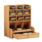 Multi-function Wooden Pen Holder Desktop Organizer Storage Box with Drawer (Oak)