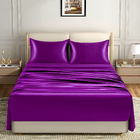 Luxury 4-Piece Silky Satin Flat Fitted Sheets Pillowcase Bed Set (Purple, Queen)
